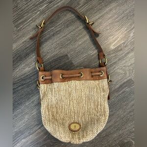 Fossil Straw Bucket Bag Drawstring Tan Brown Shoulder Woven Vintage Leather